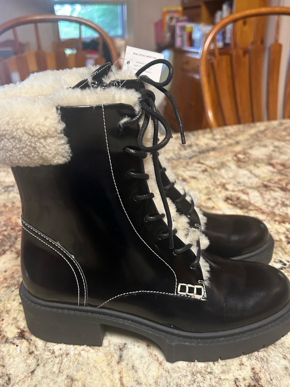 NWT Coach Size 5 Black Lace-Up Ankle Boots with Real Creme Sheep Fur Lining